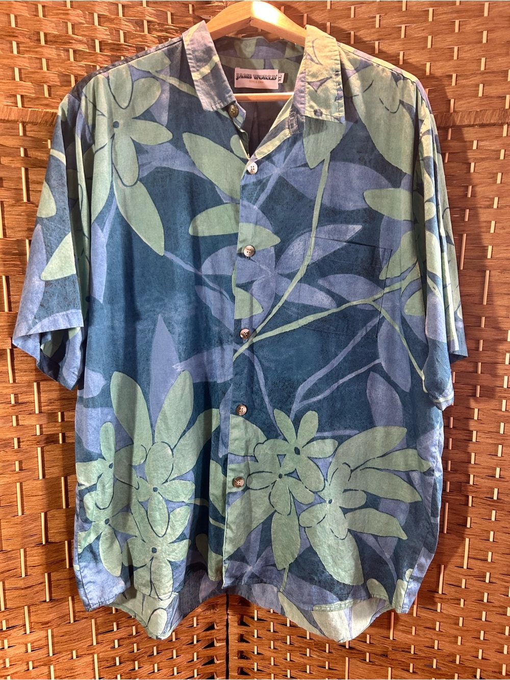 Jams World Sakura Blue Hawaiian Aloha Shirt XL Made in Hawaii 100% Cotton